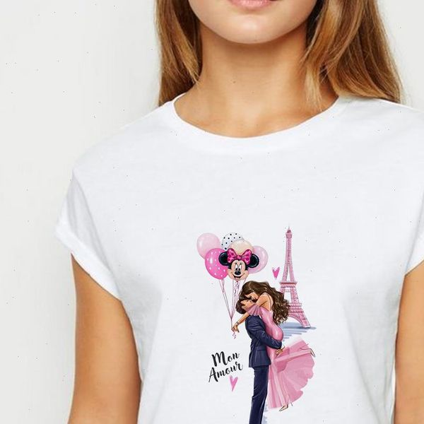 

under the eiffel tower womens t shirt sweet couple lovers graphic print summer for woman short sleeve, White