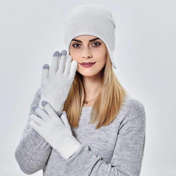 

beanie/skull caps 2021 women's hat with gloves two piece sets simple solid color beanies autumn winter keep warm cotton chapeau femme, Blue;gray