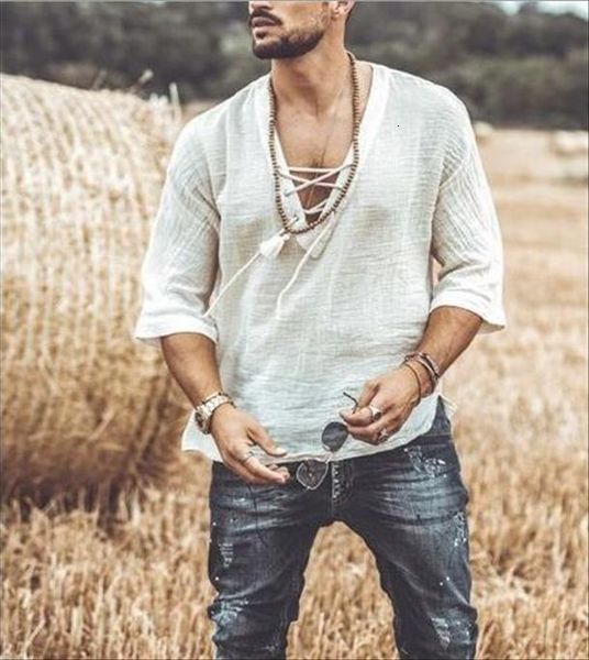 

european and american chest men t shirts lace up corn sleeves casual, White;black