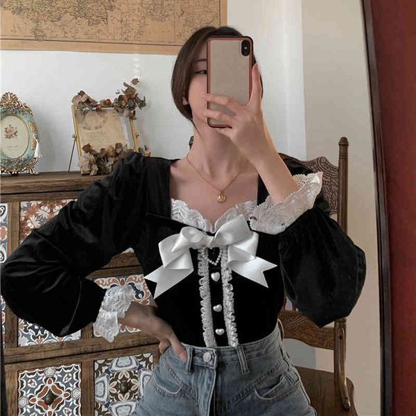 

nomikuma women velour blouse korean lace parchwork pullover sweet bowknot square collar shirt 2021 autumn winter blusas 6d444, White