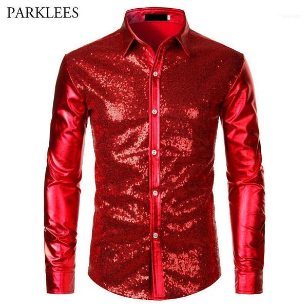 

red metallic sequins glitter shirt men 2021 disco party halloween costume chemise homme stage performance male camisa1, White;black
