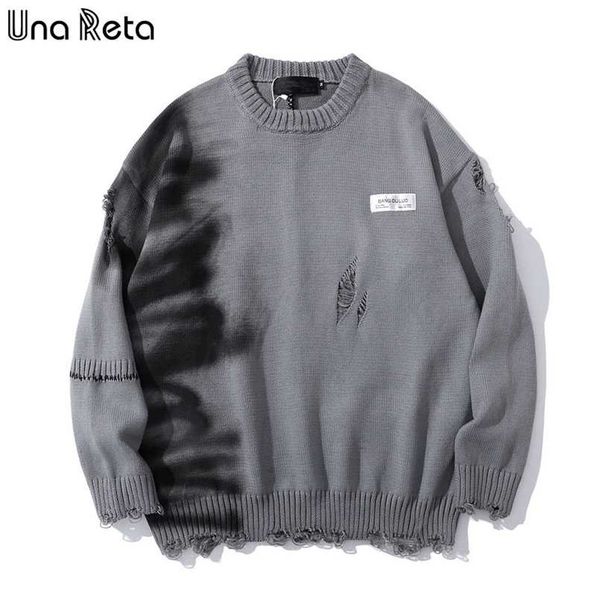 

una reta graffiti sweater men autumn streetwear men's clothes hip hop pullover men hole oversize couple sweater 211008, White;black
