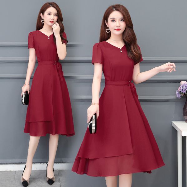 

dresses 2021 summer new korean medium length with thin waist and foreign style large size chiffon dress, Black;gray