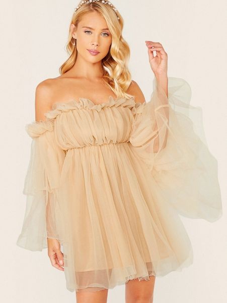 

off shoulder ruffle mesh dress 70xz#, Black;gray