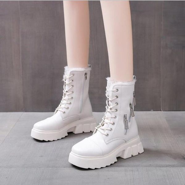 

boots thick sole fashion leather white snow women shoes for female casual 2021 warm plush waterproof botines mujer femmes bottes, Black