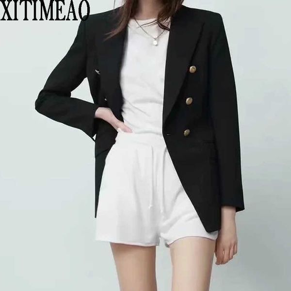 

za women fashion with metal buttons blazers coat vintage long sleeve black suit female outerwear chic 210604, White;black