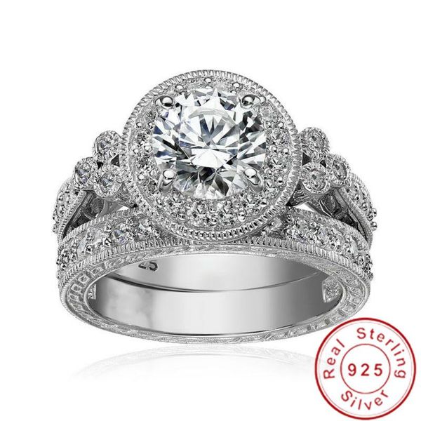 

cluster rings vintage round 1.5ct lab diamond ring birdal sets 925 sterling silver bijou engagement wedding band for women jewelry, Golden;silver