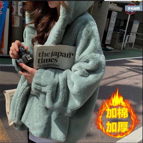 

women's fur & faux plus size winter women coat luxury hooded loose overcoat thick warm oversized female plush coats, Black