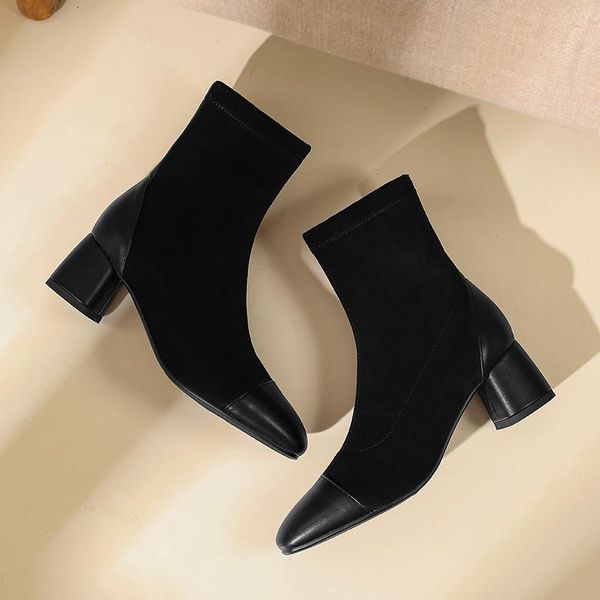 

boots 2021 autumn winter round toe ankle superfine fiber women shoes square heel zipper short size 34-43, Black
