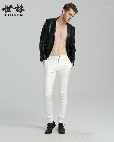 

thin splice fashion personality motorcycle faux leather pants mens feet pu trousers for men pantalon homme red white black