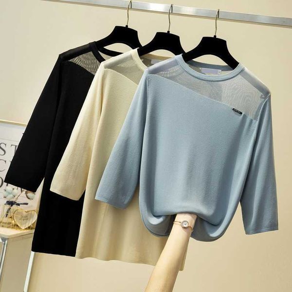 

l-4xl plus size women hollow out basic sweater 3/4 sleeve o neck kint mesh patchwork summer thin sweaters pull 210604, White;black