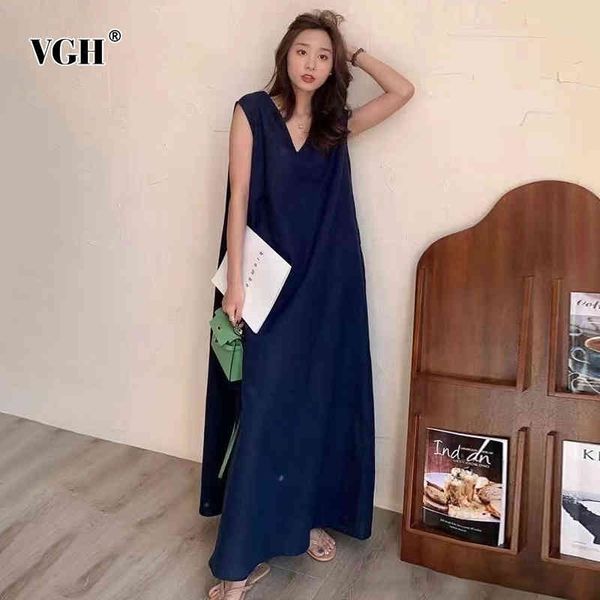 

vgh loose minimalist dress for women v neck sleeveless side split loose maxi dresses female fashion new clothing summer tide 210421, Black;gray