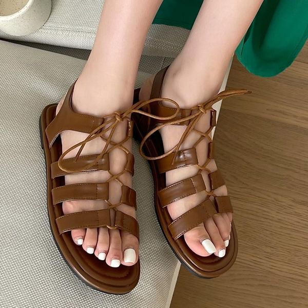 

sandals 2021 summer fashion gladiator women flat with shoes ladies lace up female slippers casual slides, Black