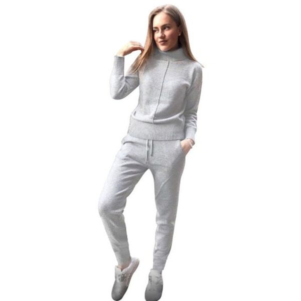 

taovk womens woolen knitted suit high collar sweater + pants loose style two-piece set womens knitted costume tracksuit, White;black
