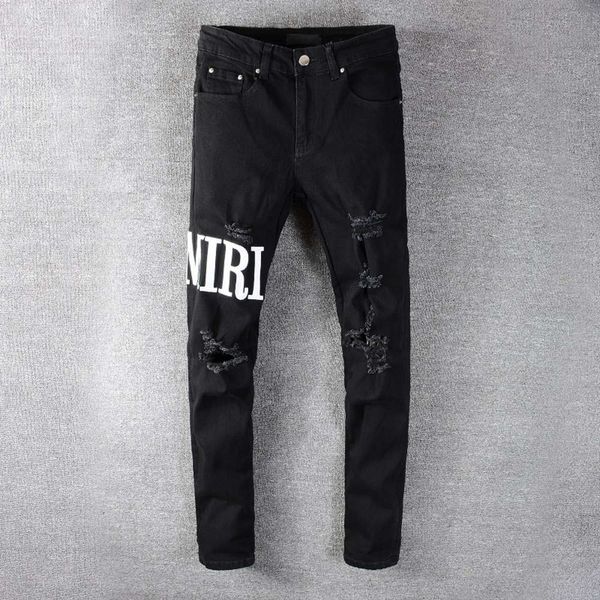 

streetwear black slim casual fit jeans men herf masculina letter broek trendy dance club skinny toursers, Blue