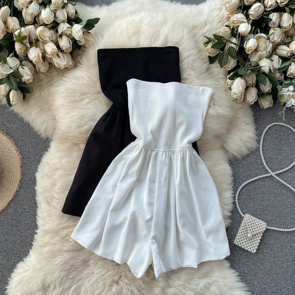 

singreiny women strapless rompers splice elastic knitted solid jumpsuits summer off shoulder short wide leg rompers 210419, Black;white