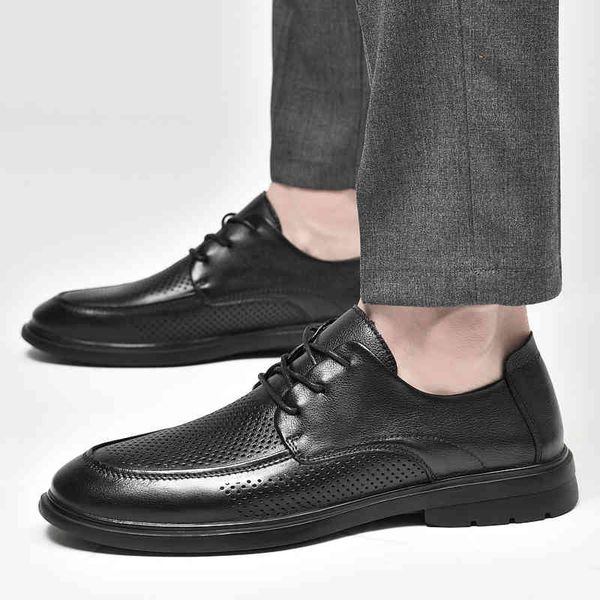 

dress shoes men summer breathable luxury genuine leather oxford business formal hole out soft oxfords lace-up flat rbxz, Black