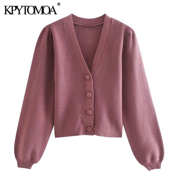 

women fashion covered button knitted cropped cardigan sweater vintage lantern sleeve female outerwear chic 210416, White;black