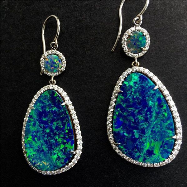 

dangle & chandelier elegant geometric blue opal earrings bling iced out rhinestone crystal zircon for women party jewelry, Silver