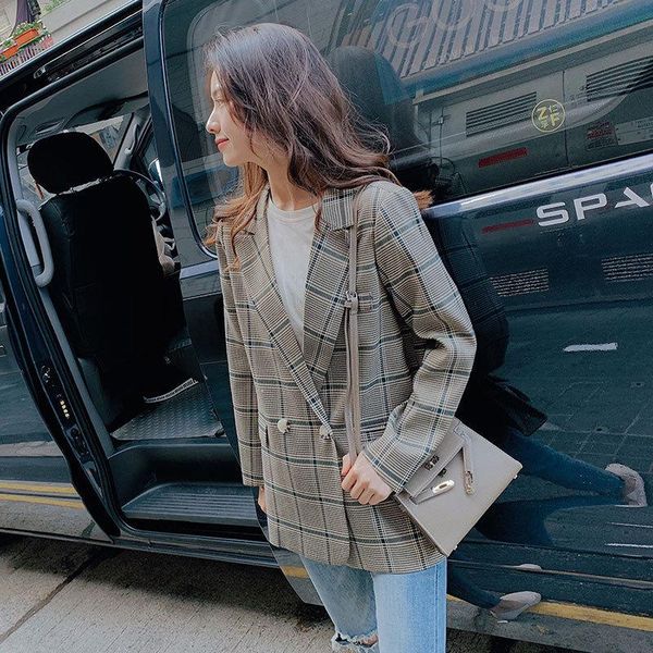 

women's jacket 2021 autumn casual fashion temperament lattice loose retro double-breasted single small suit suits & blazers, White;black
