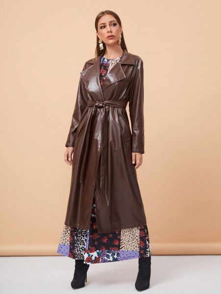 

lapel neck belted pu leather trench coat p1qg#, Tan;black