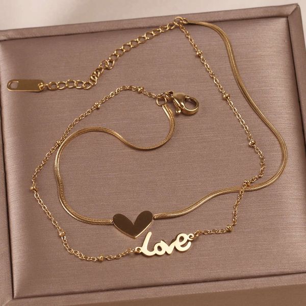 

2021 new fashion double-sided titanium steel double-layer love anklet women's anti allergy 14k gold plating versatile simple foot decor, Red;blue