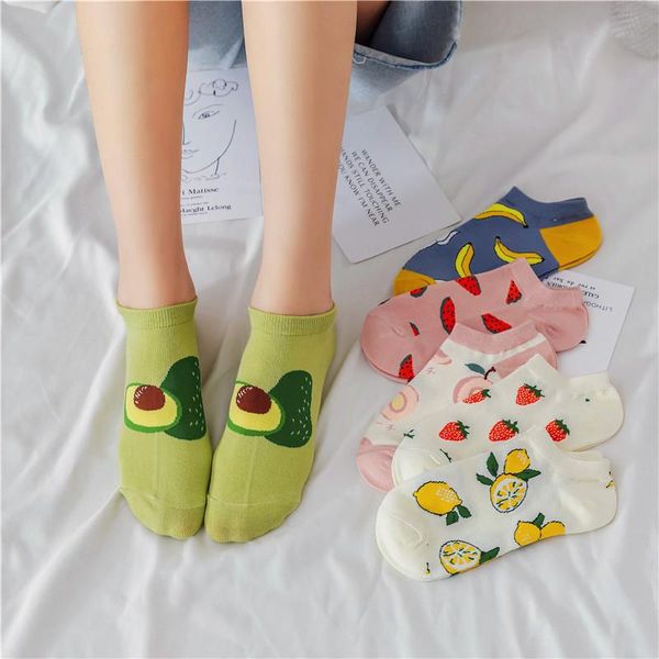 

pairs women socks cartoon watermelon lemon banana avocado strawberry peach korean cute kawaii fashion causal ankle & hosiery, Black;white