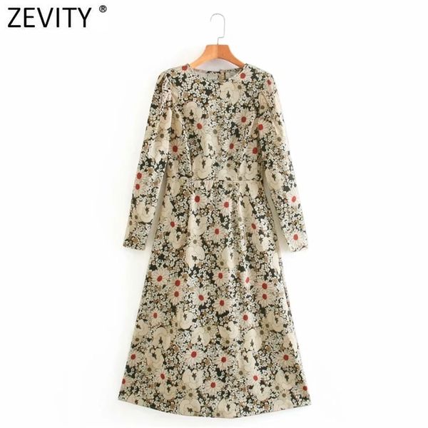 

women vintage o neck flower print back buttons midi dress female pleats puff sleeve casual slim a line vestido ds4988 210416, Black;gray