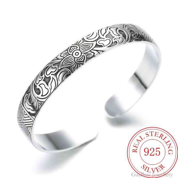 

fashion 925 sterling silver woman lucky cuff bracelet lotus flower bangle girls party jewelry gifts, Golden;silver
