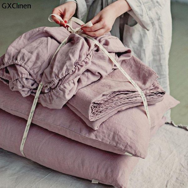 

sheets & sets pink washed pure linen bed queen elastic fitted sheet king size double flax bedding cover bedspreads 1pc