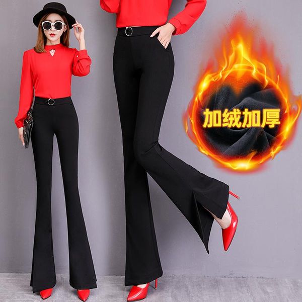 

women's pants & capris classic black elegant split ladies trousers autumn and winter fashion plus velvet thick flared women, Black;white