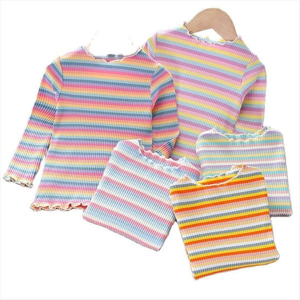 

girls cotton bottoming shirt spring and autumn rainbow stripes baby long sleeved t childrens p4134, Blue