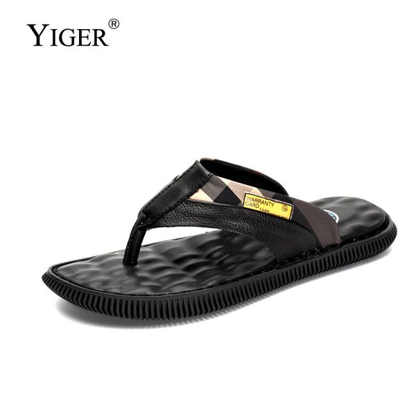 

slippers yiger men flip flops genuine leather 2021 comfortable non-slip man casual outside beach slides, Black