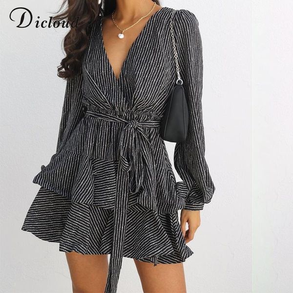 

casual dresses dicloud dot dress for women v neck party ladies mini long sleeve ruffles belted black high street vestidos female, Black;gray
