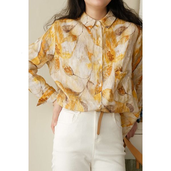 

women's blouses & shirts lamtrip retro fossil pattern art long sleeve single breasted linen shirt blouse 2021 summer 8cdj, White