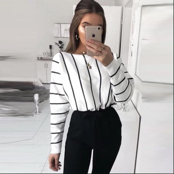

women casual o neck loose striped womens long batwing sleeve elegant office lady t shirt autumn style, White