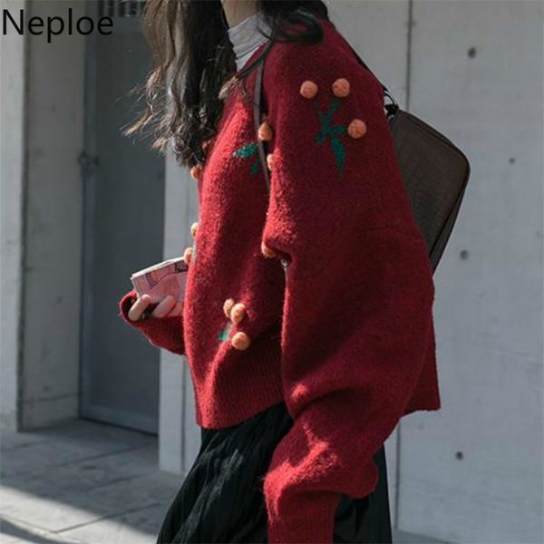 Reteo Red Applikationen Kirschstrickpullover Pullover Weihnachtsstil Langarm Patchwork Pull Femme Thicked Winterkleidung 210422