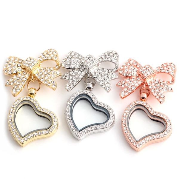 

pins, brooches 3pcs full rhinestone bowknot crooked heart glass living memory lockets fit floating charms pendant jewelry, Gray