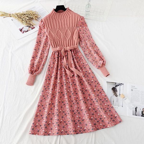 

casual dresses knitted patchwork women dress 2021 autumn long sleeve half high collar ladies vintage floral printed, Black;gray