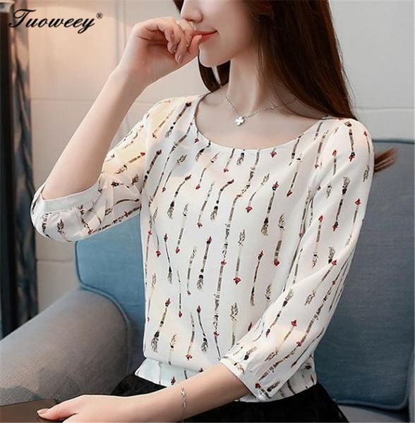 

women's blouses & shirts 2021 women blouse o-neck shirt floral print 3/4 sleeve elegant womens clothing office lady wear chiffon, White