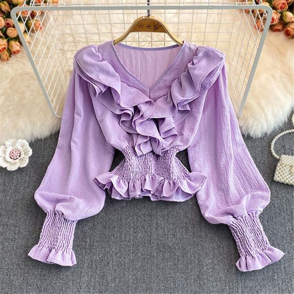 

women's blouses & shirts autumn korean fashion women sweet flare sleeve crop v neck ruffle female blouse woman clothing 2021, White
