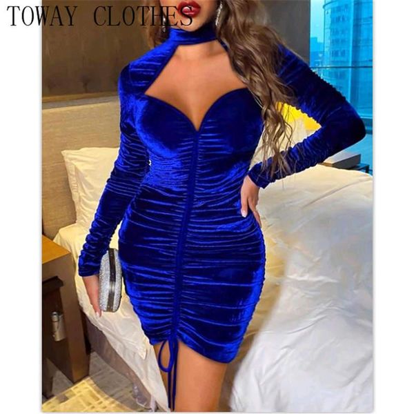 

casual dresses women halter velvet mock neck cutout ruched bodycon dress long sleeve plain skinny party, Black;gray