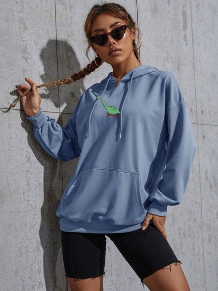 

dinosaur print drop shoulder kangaroo pocket drawstring hoodie j67z#, White;black