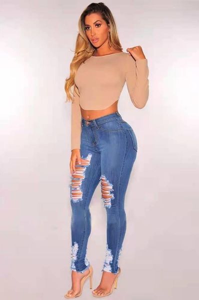 

spring/summer 2021 cotton elastic ripped foot pants a268 women's jeans, Blue