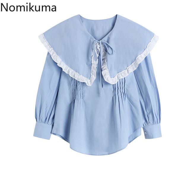 Nomikuma plissado Caused Causal Boneca Coreana Doce Retalhamento Patchwork Peter Pan Collar Blusa Spring Spring Manga Longa Blusas Top 6F997 210427