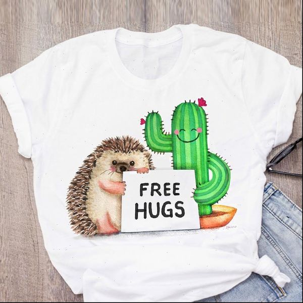 

women graphic cactus fashion hug cartoon short sleeve summer lady t shirt womens clothing tees female, White