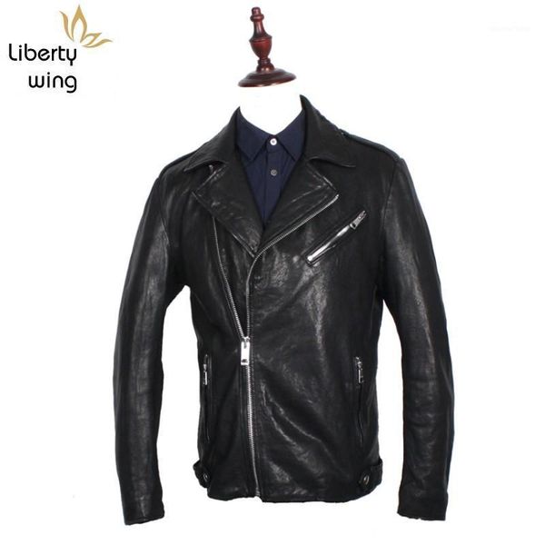 

men's leather & faux classic mens sheepskin real autumn motorcycle biker genuine jacket man zipper lapel collar outerwear coat, Black