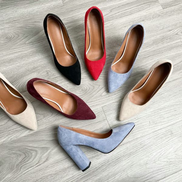 

dress shoes 10cm pumps women fashion chunky heel female blue red black burgundy classic high heels pointed toe plus size hwtq