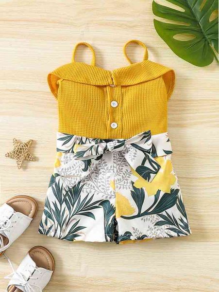 

baby floral print shirred back belted cami romper she, Blue