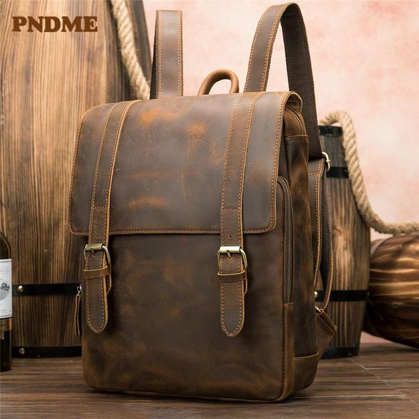 

backpack pndme vintage crazy horse leather men's large capacity genuine 14 inch laptravel bookbag for women